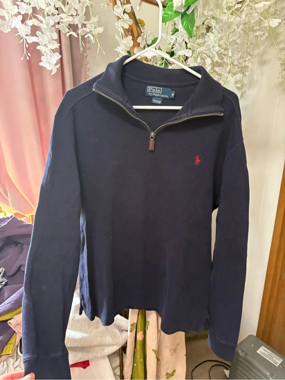 Ralph Lauren Navy Quarter-Zip Sweater with Red Pony